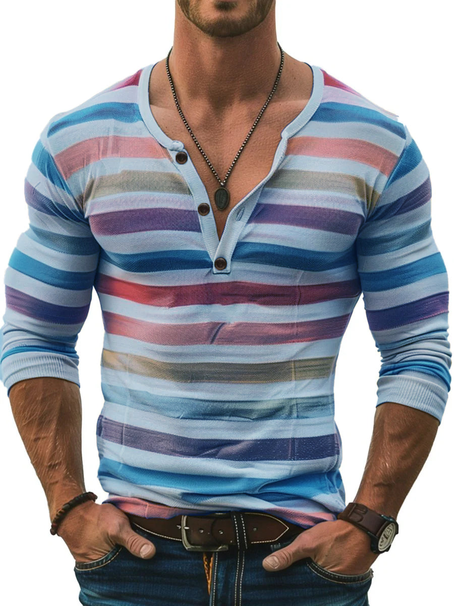 Seraphine - Striped Long Sleeve Henley Slim Fit Shirt