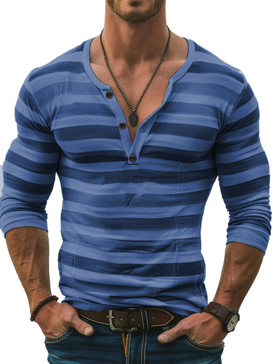 Seraphine - Striped Long Sleeve Henley Slim Fit Shirt