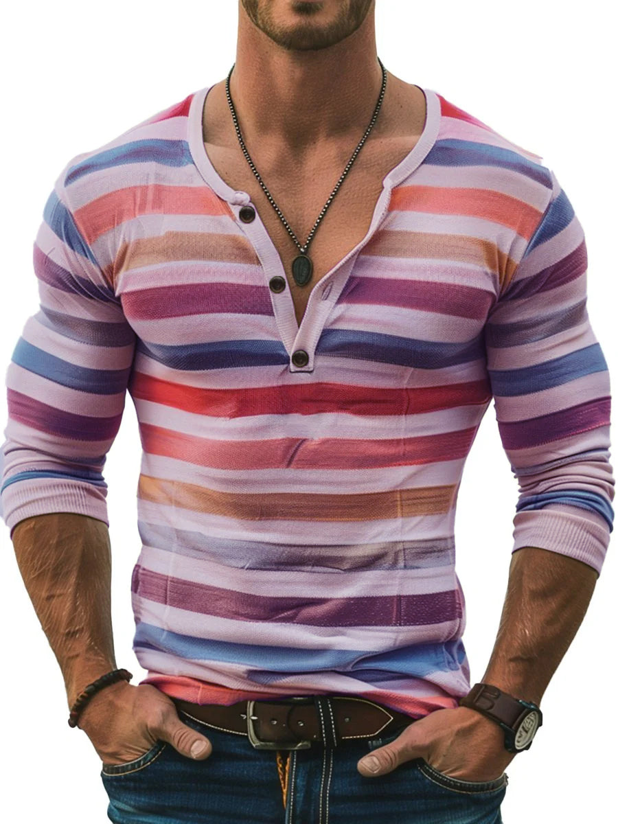 Seraphine - Striped Long Sleeve Henley Slim Fit Shirt