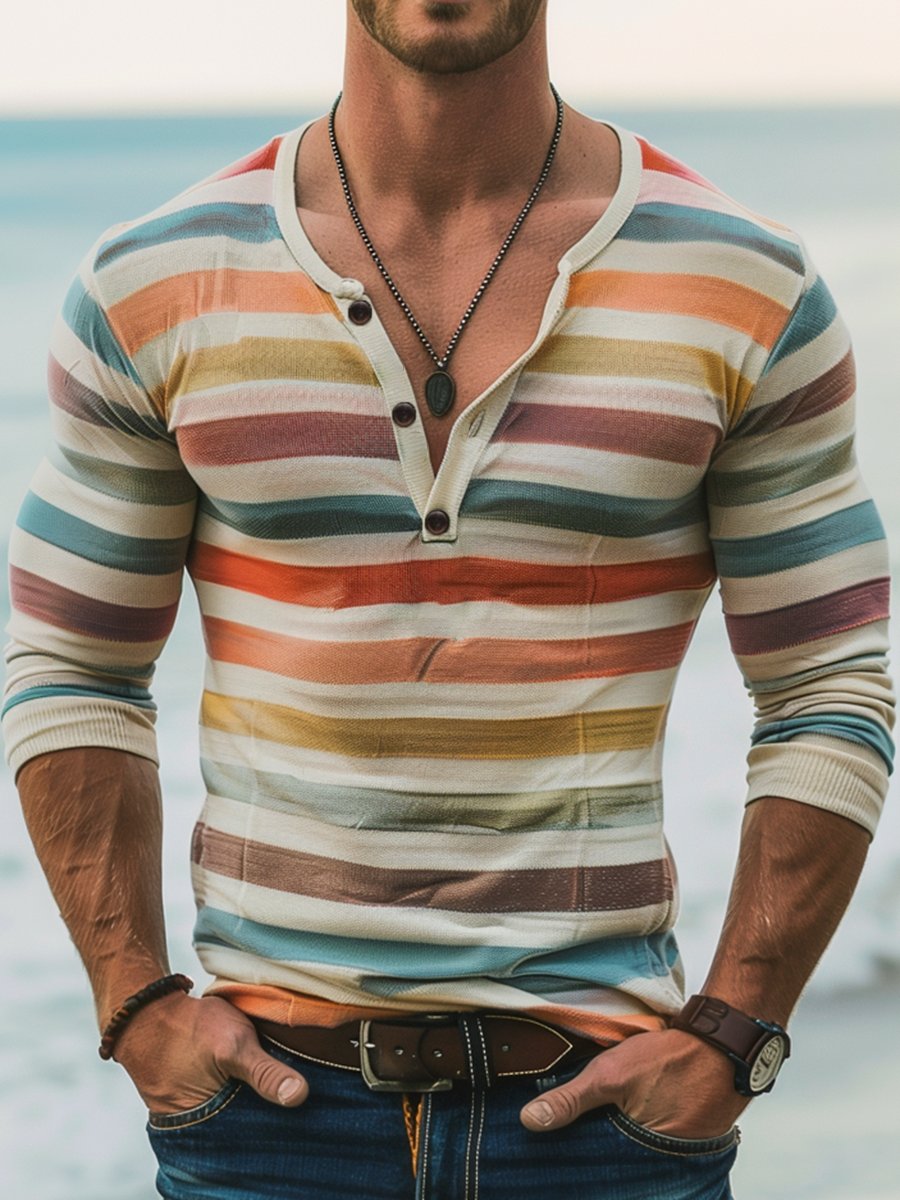 Seraphine - Striped Long Sleeve Henley Slim Fit Shirt