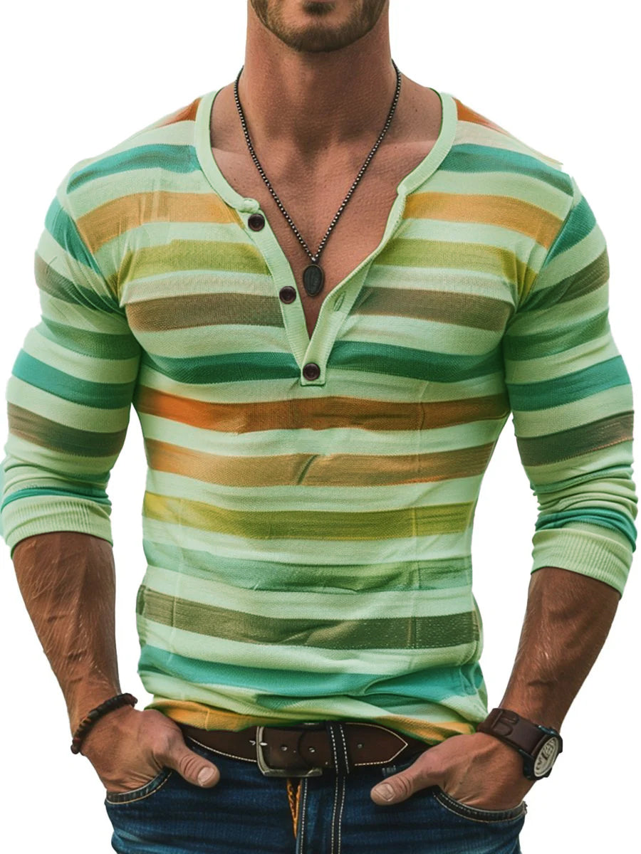 Seraphine - Striped Long Sleeve Henley Slim Fit Shirt