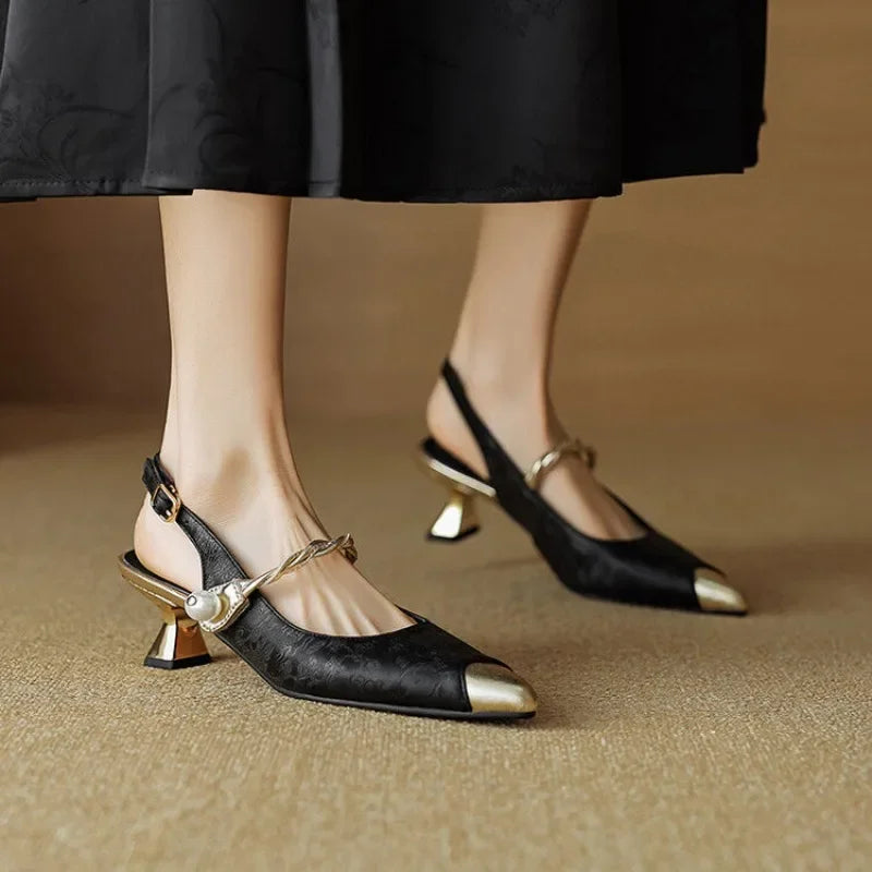 Lustréa — Pearl-Strap Brocade Pumps
