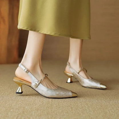 Lustréa — Pearl-Strap Brocade Pumps
